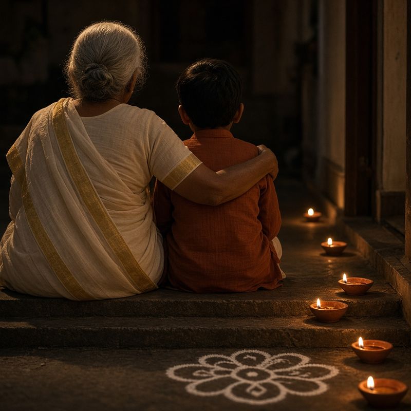 Seen from behind, a grandmother in a cream saree sits on a doorstep with her arm around a young boy, watching lit diyas and a white rangoli.