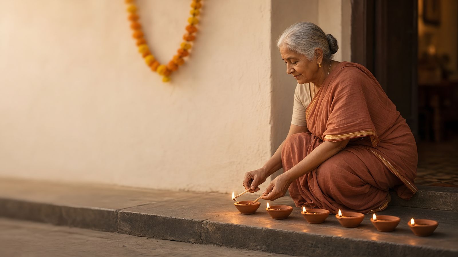An elderly woman in a terracotta saree kneels on a stone doorstep at dusk, lighting a row of small clay diyas.