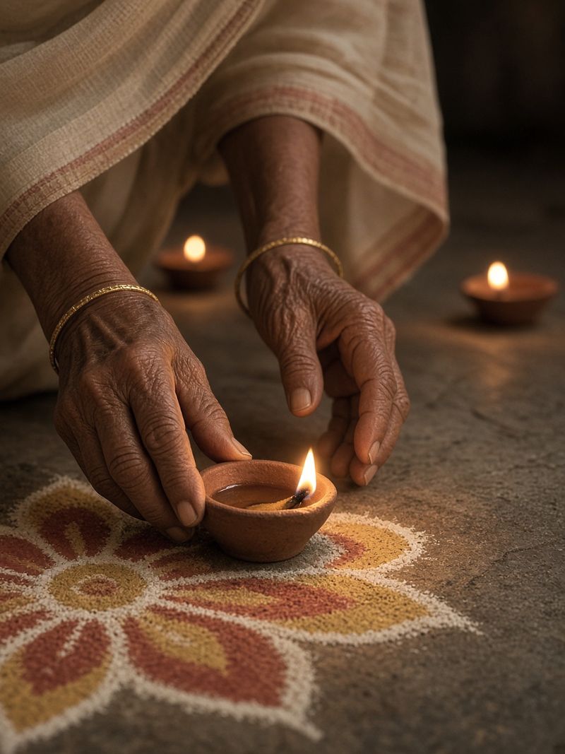 Close-up of an elderly woman's hands, with thin gold bangles, setting a lit clay diya on the edge of a rangoli.